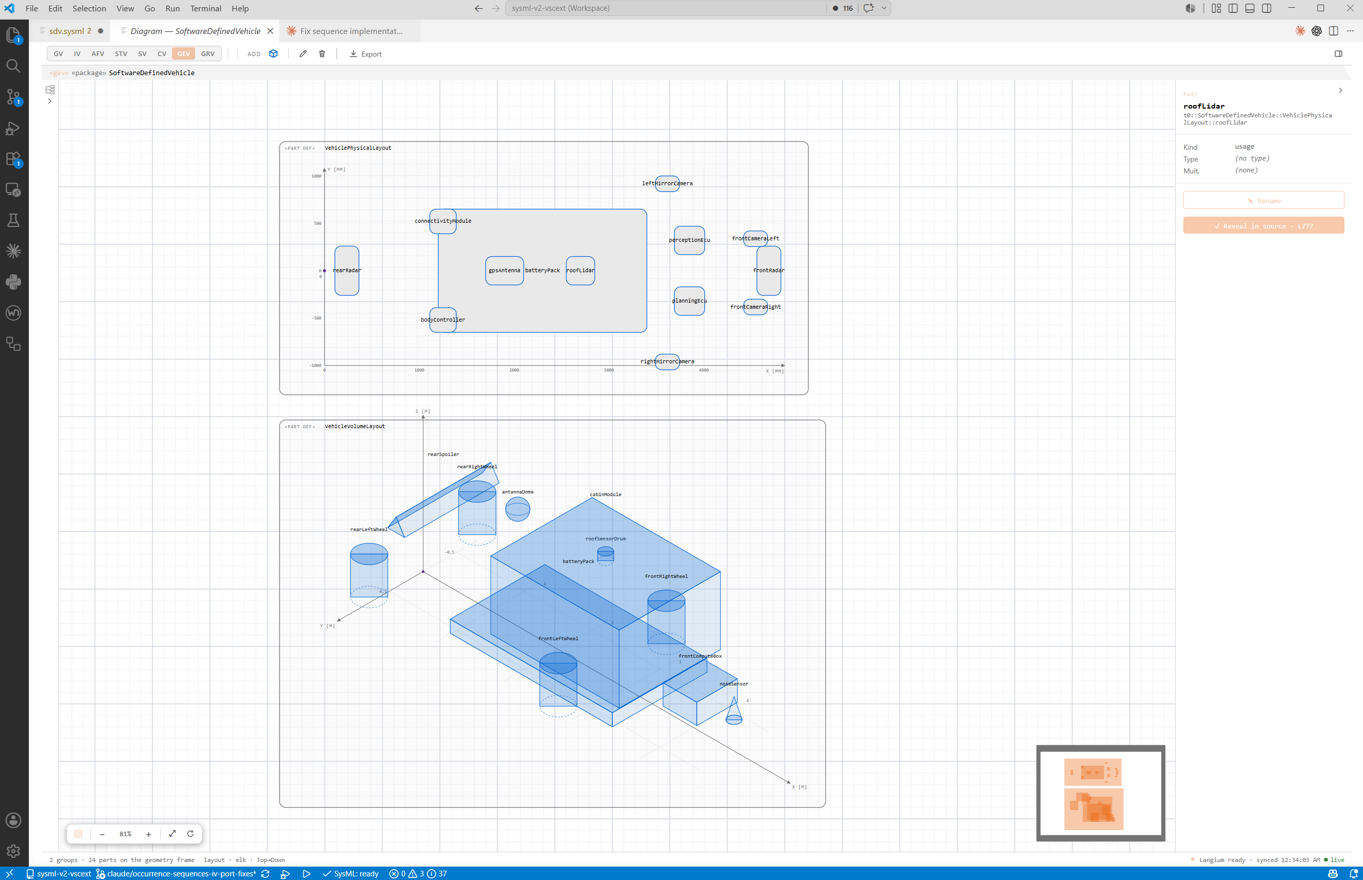 VS Code Geometry View with SDV source and 2D/3D vehicle layout frames